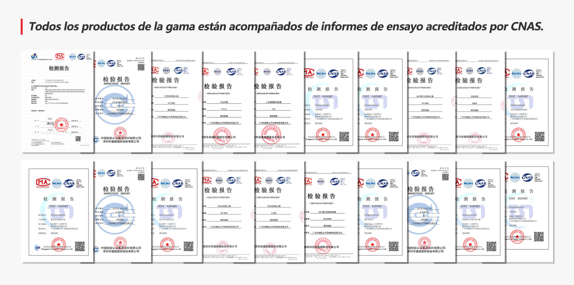 Todos los productos de la gama están acompañados de informes de ensayo acreditados por CNAS.